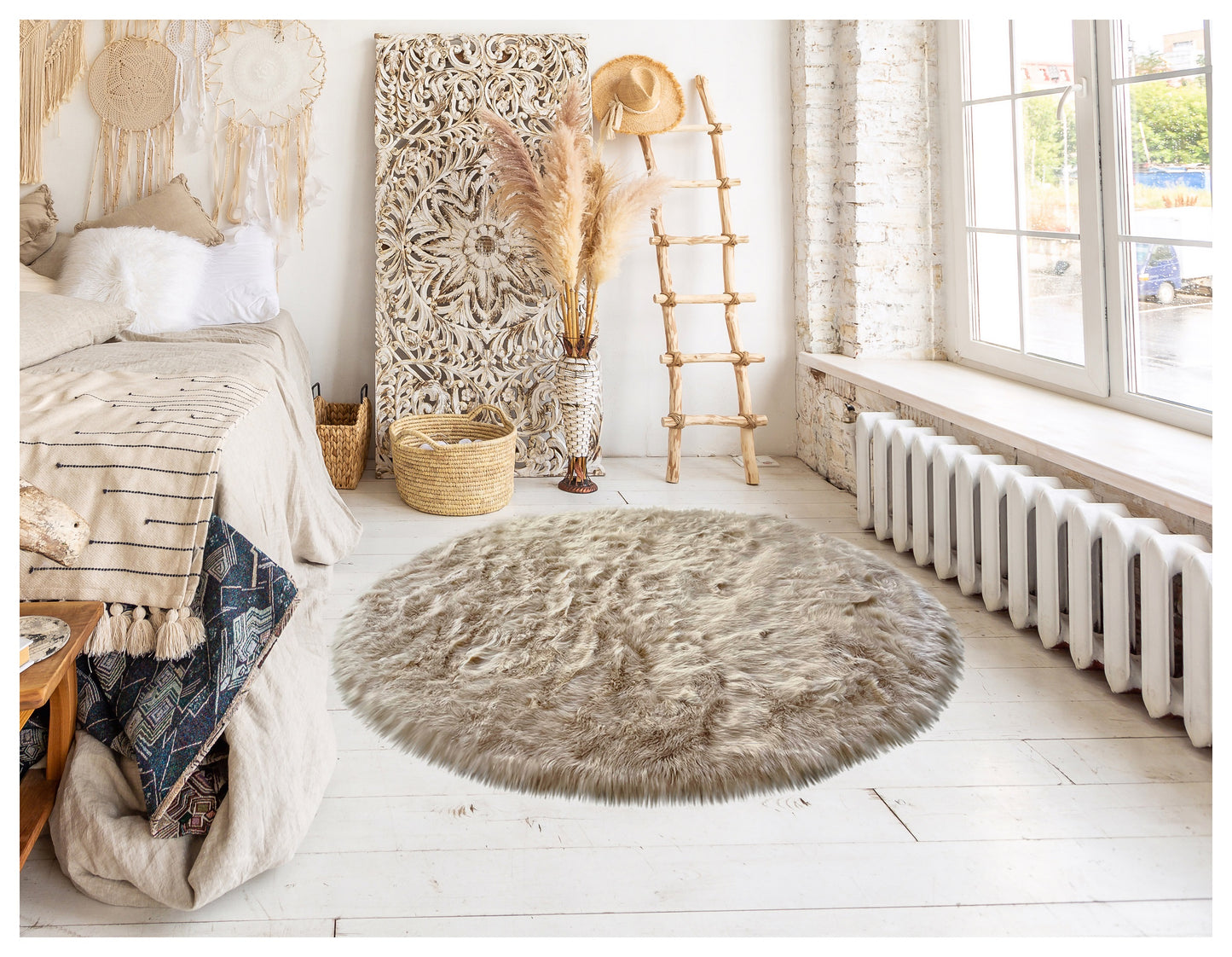 Runder Teppich aus künstlichem Schaffell, 4 Fuß (120 cm Durchmesser)
